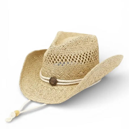 Straw cowboy hat with a band and button on a white background