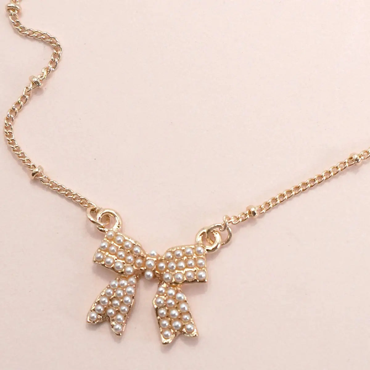 Pearl Bow Charm Ball Chain Necklace