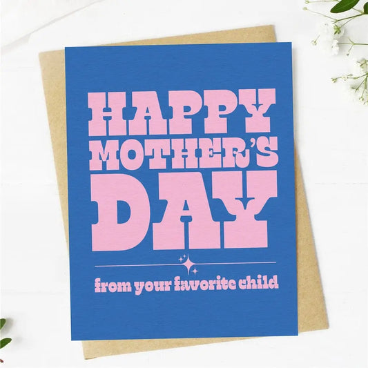 Mother's Day card with pink text on a blue background
