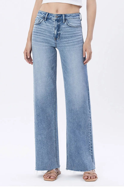 High Rise Raw Hem Wide Jeans