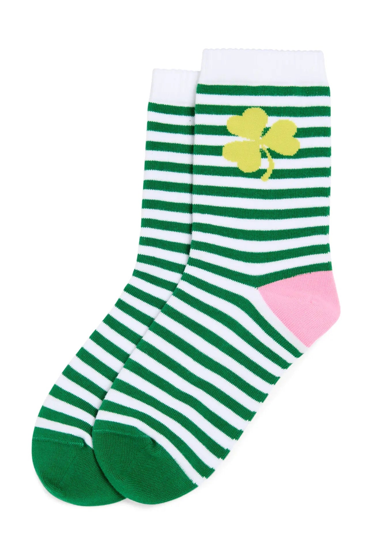 Green and white striped socks with a yellow four-leaf clover design on a white background