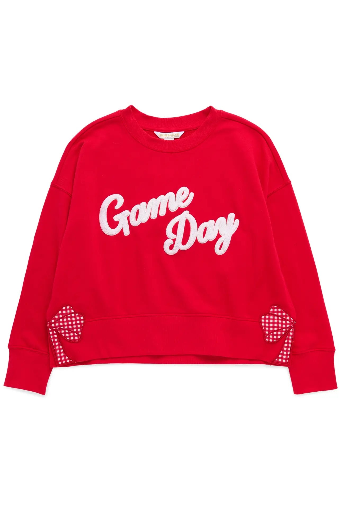 A bright red crewneck sweatshirt featuring 'Game Day' written in white script across the chest, with red and white checkered heart details on the lower sleeves, shown against a plain white background.
