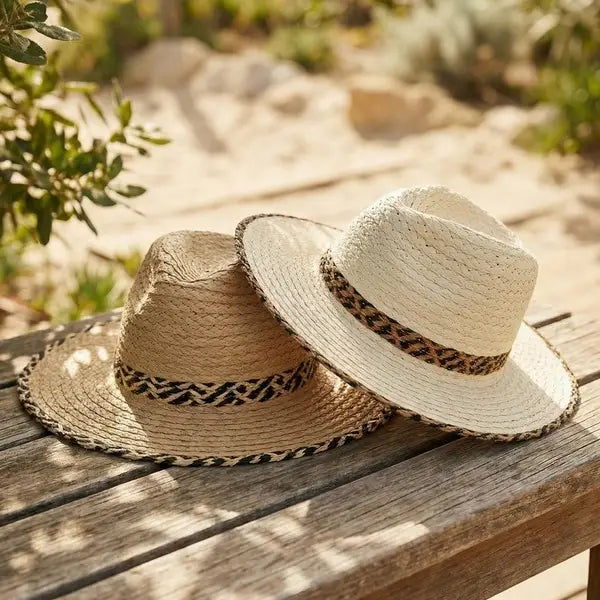 Two straw hats with leopard print bands on a wooden surface outdoors.