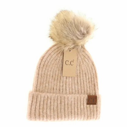 Soft Ribbed Fur Pom Beanie