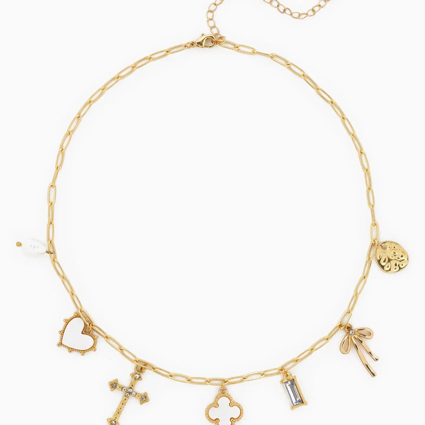 Mop Clover Multi Gold Charm Necklace on white backgroud