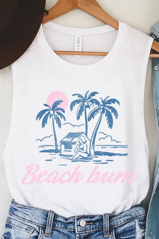White tank top with palm tree design and 'Beach bum' text, hanging on a mannequin with denim jacket.