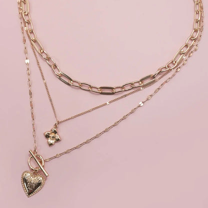 Flower Heart Toggle Multi Layered Necklace