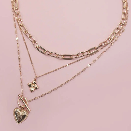 Flower Heart Toggle Multi Layered Necklace