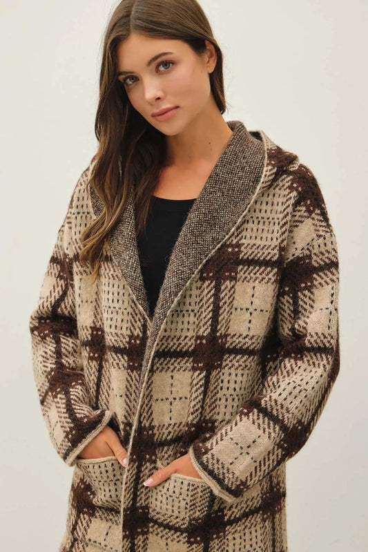 woman in plaid coatigan