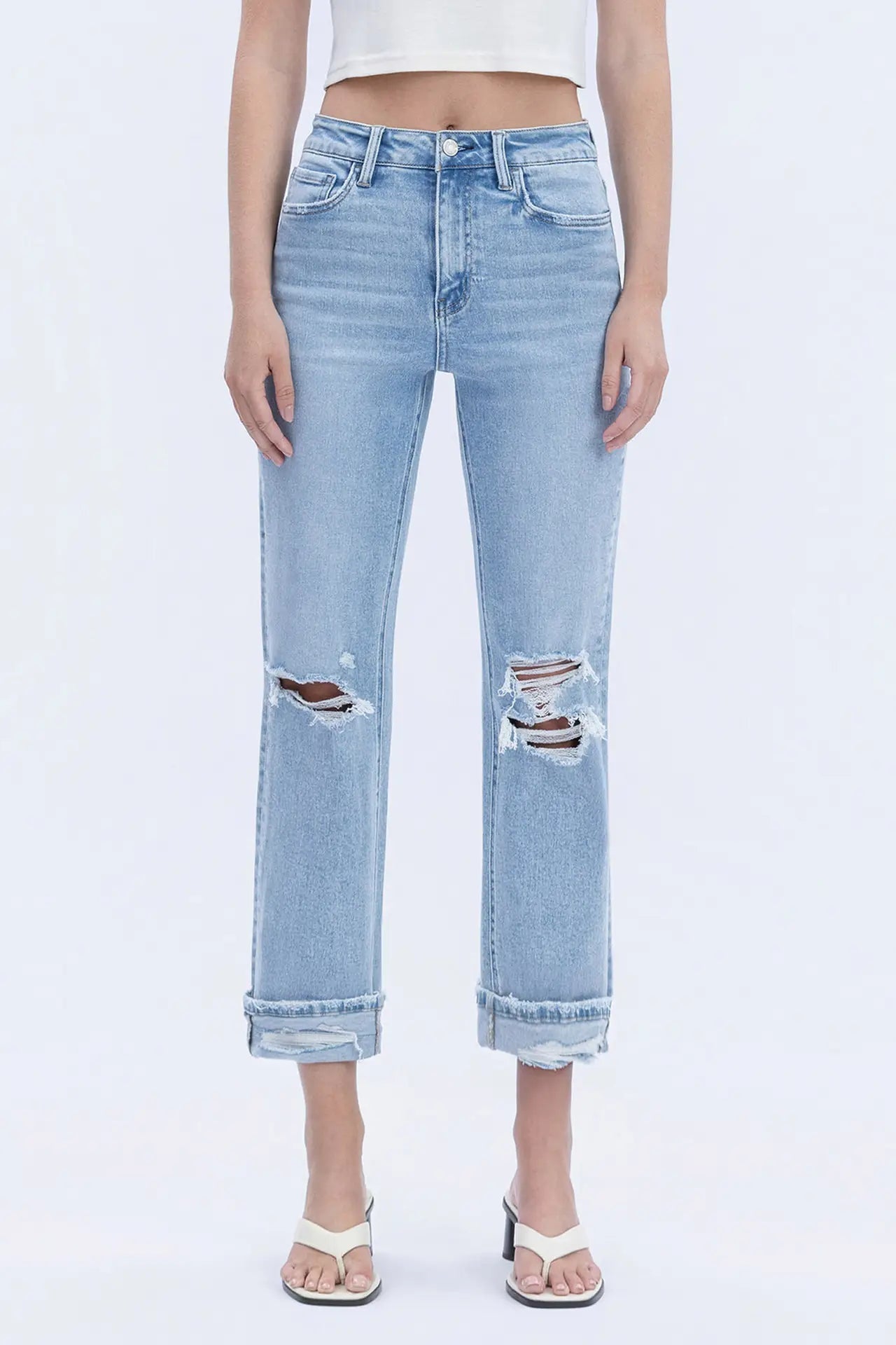 High Rise Double Cuffed Crop Straight Jeans