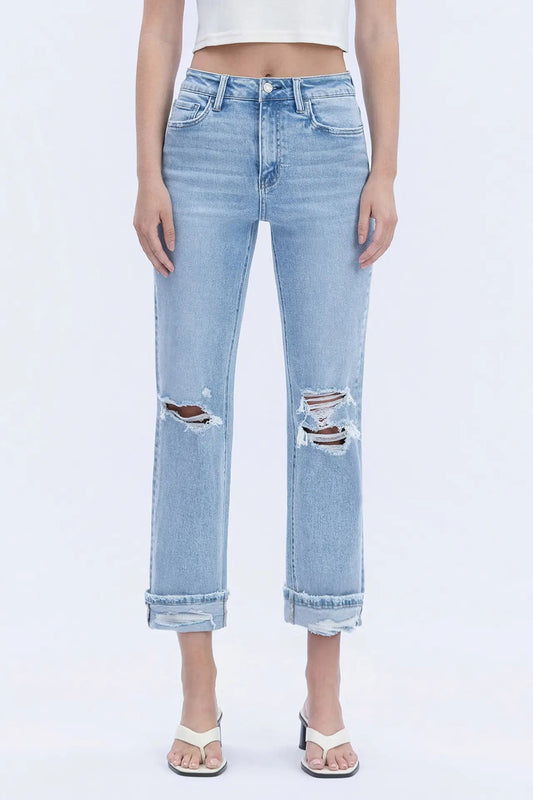 High Rise Double Cuffed Crop Straight Jeans