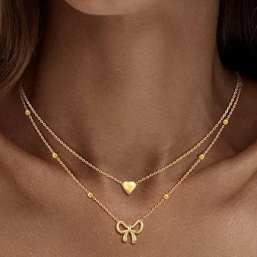 Layered Heart and Bow Necklace