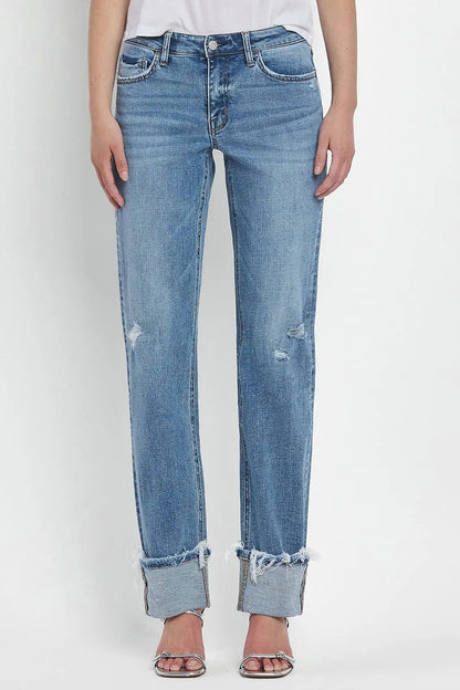 Mid Rise Cuffed Straight Jeans