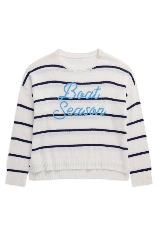 Striped sweater with 'Boat Season' text on a white background