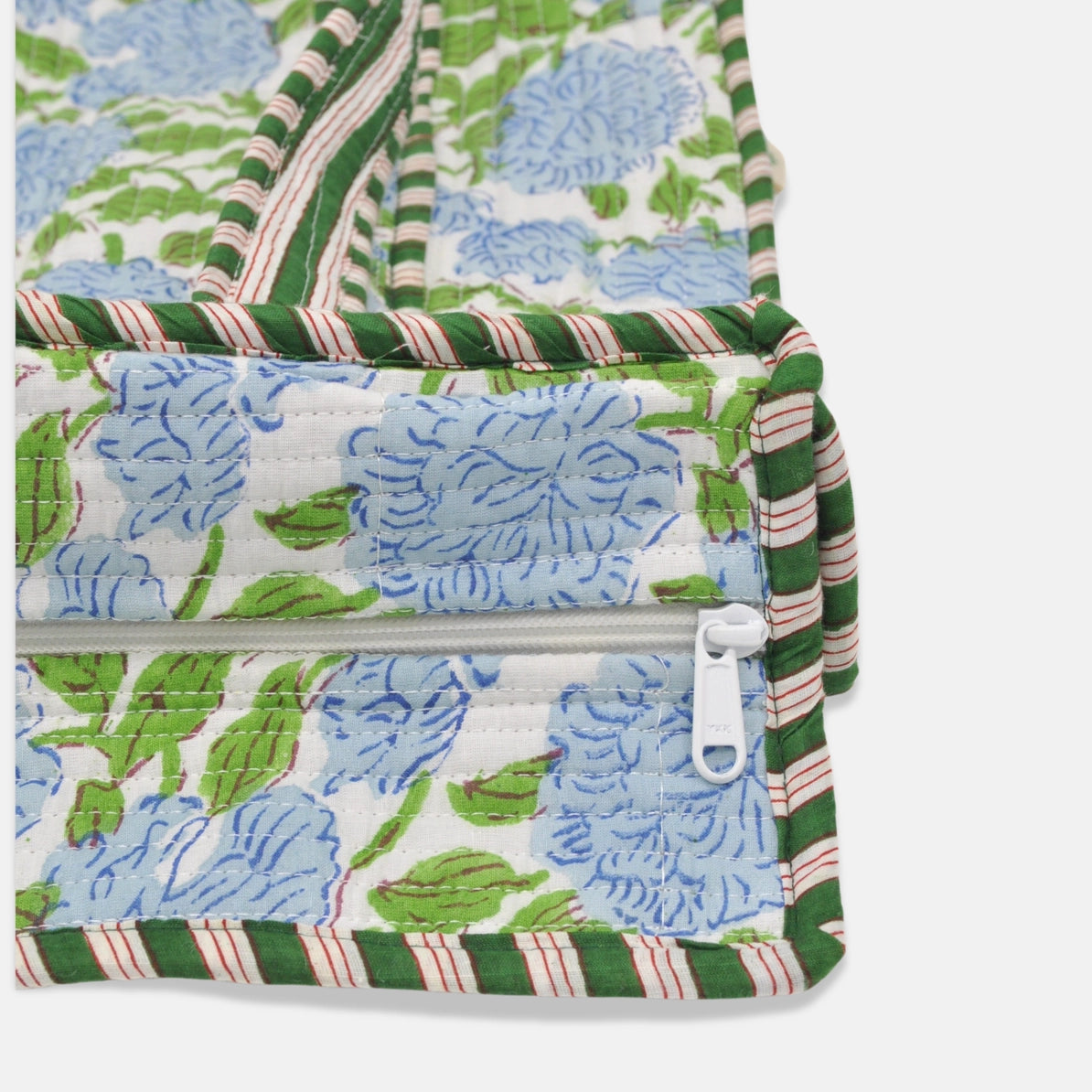 Close-up of a quilted fabric accessory with a blue floral print, green and white striped trim, and a white zipper pull on a light gray background.
