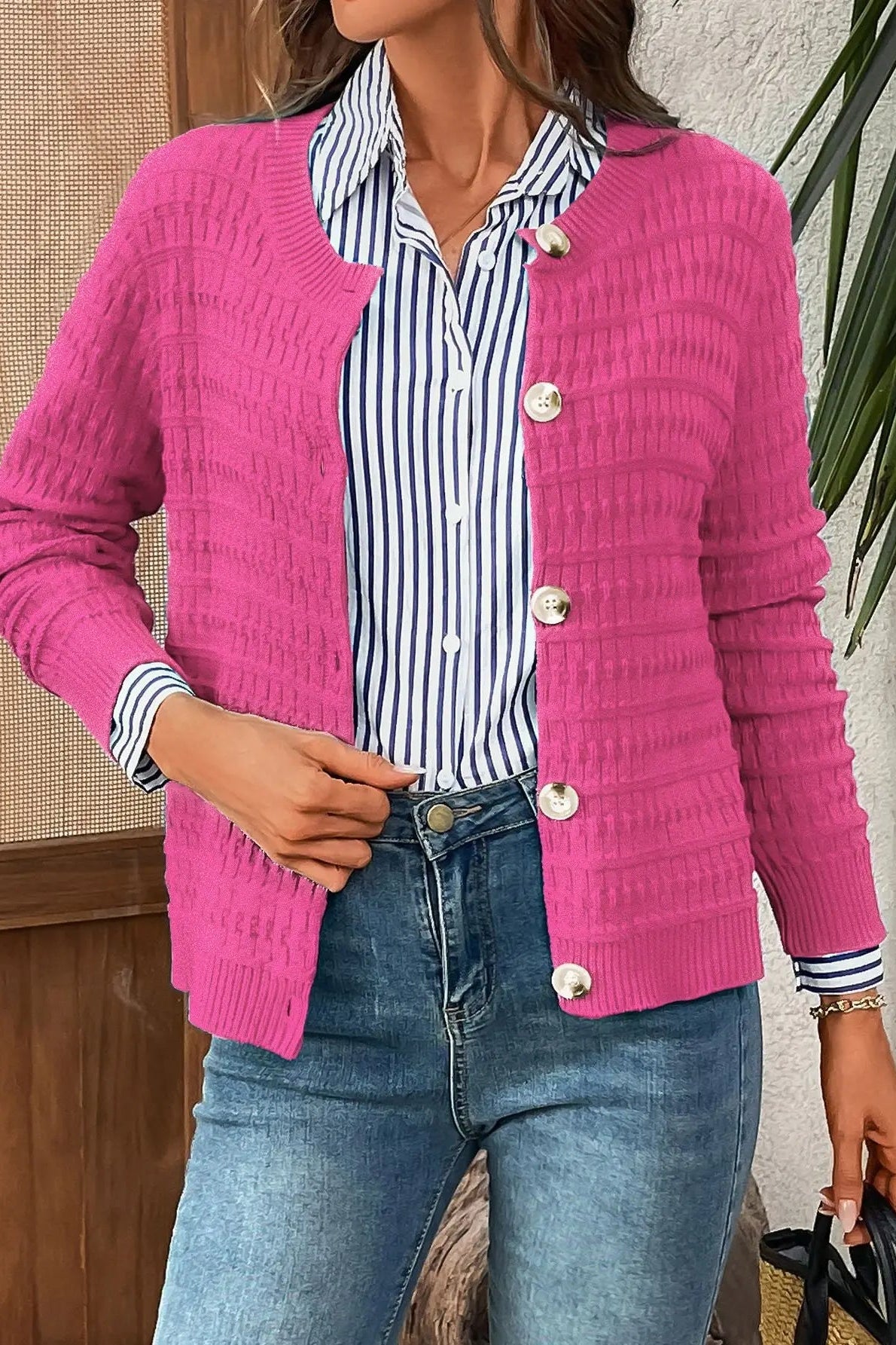 Textured Knit Button Cardi
