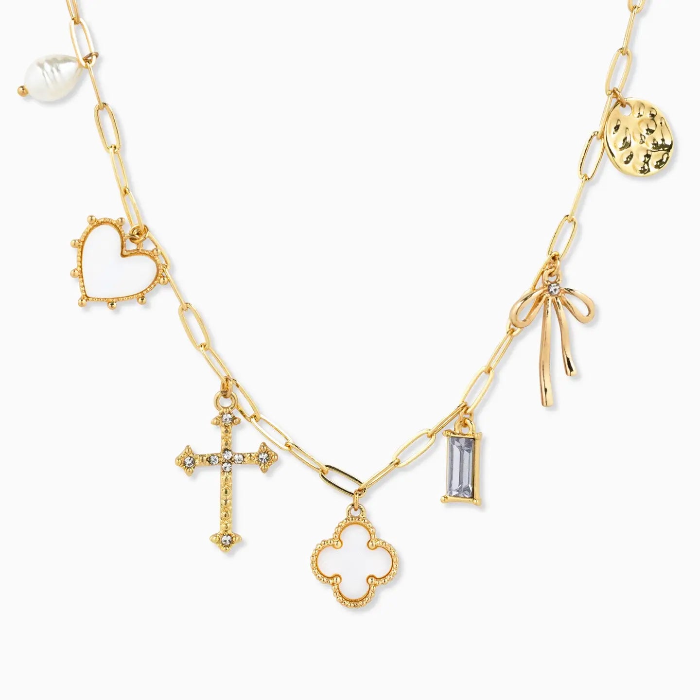 Mop Clover Multi Gold Charm Necklace on white background