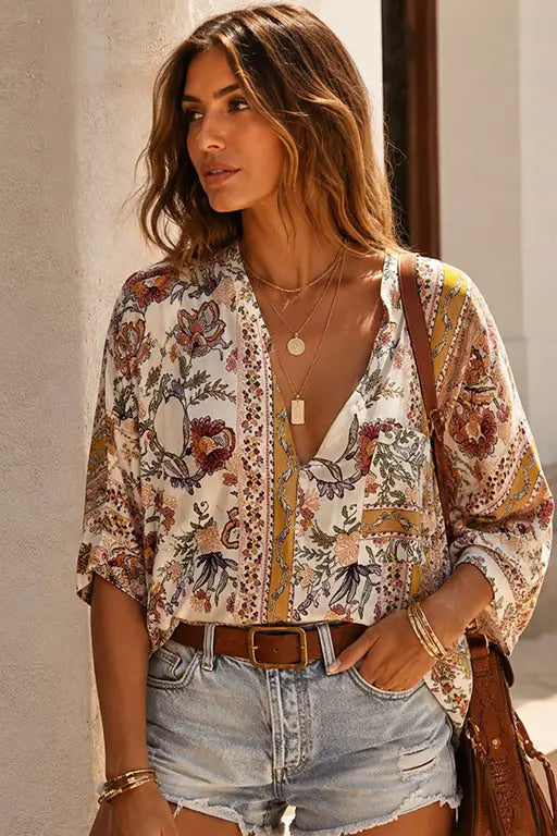 Woman wearing a floral blouse and denim shorts, standing against a neutral wall.