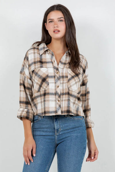 Cropped Oversized Plaid Flannel Shirt