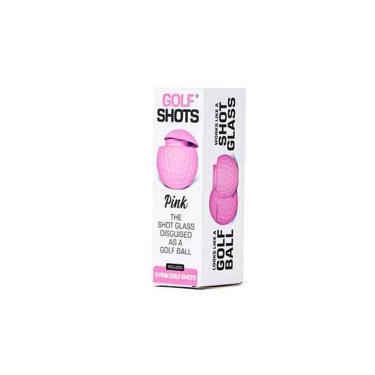 Box of pink golf balls disguised as shot glasses on a white background