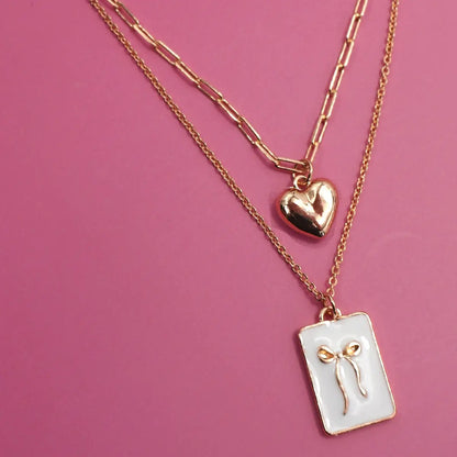Square Bow Charm Layered Necklace