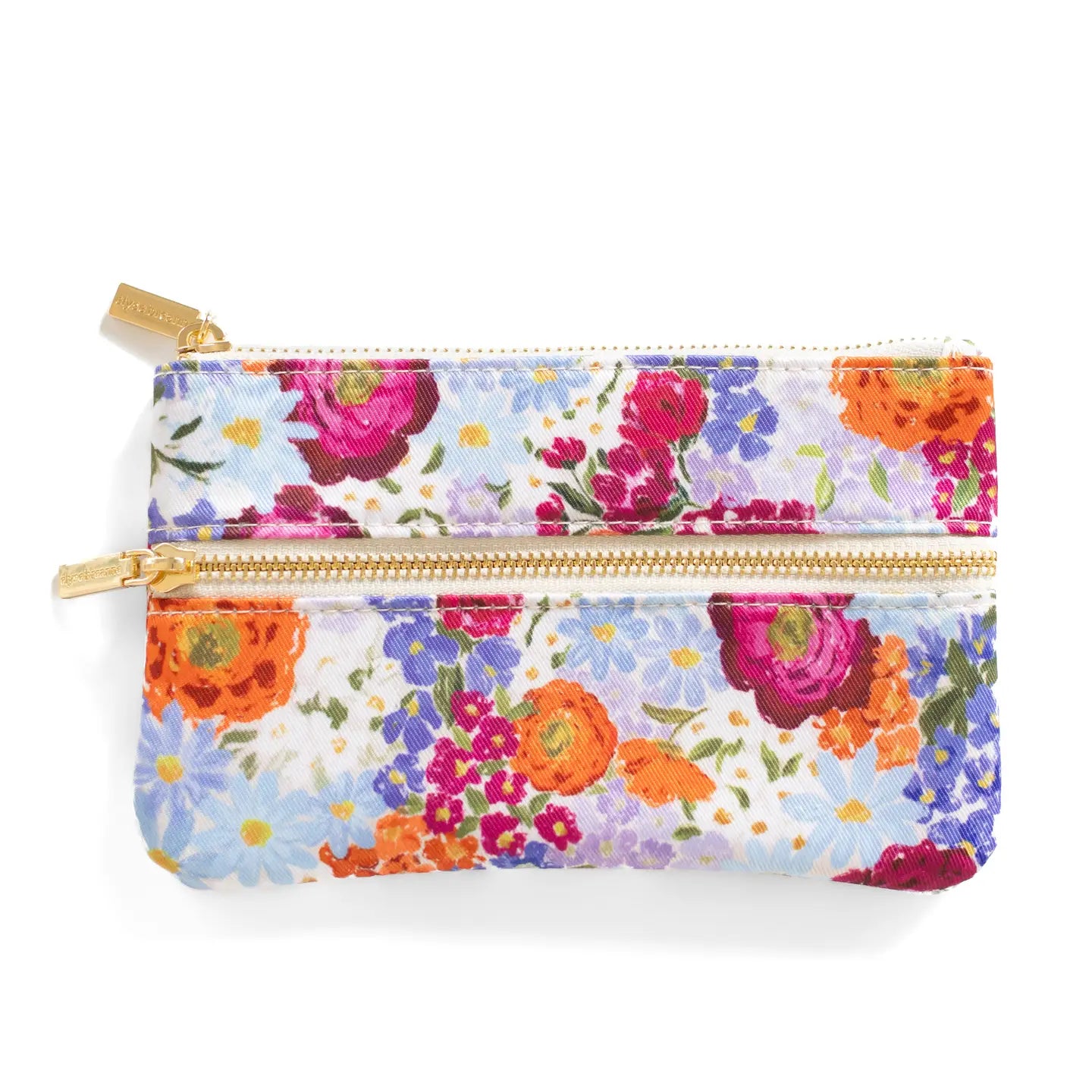 Floral-patterned pouch with a gold zipper on a white background