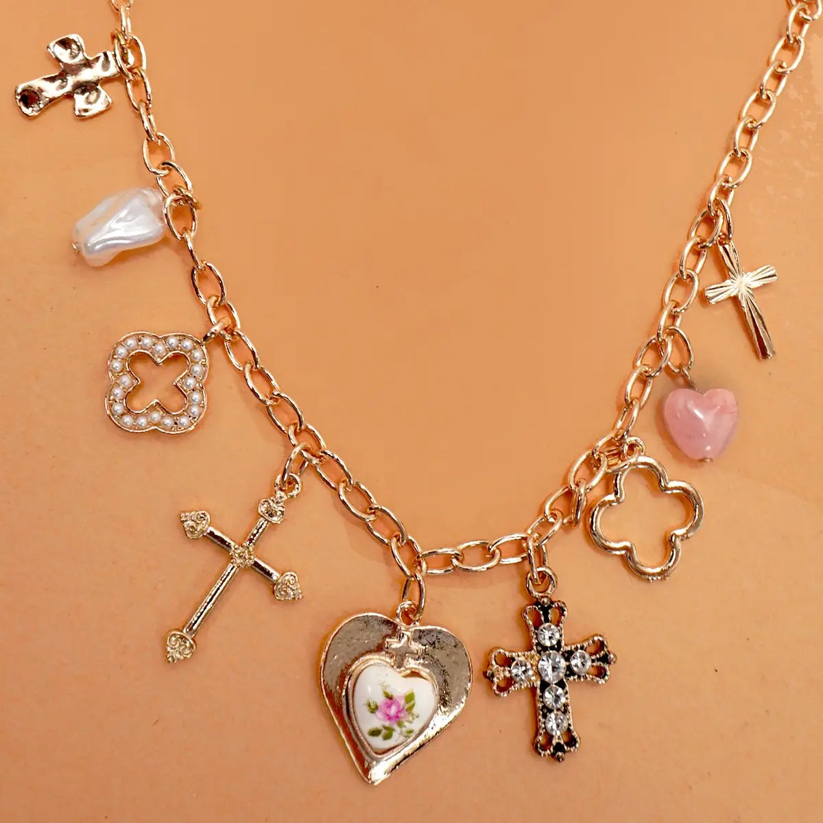 Charm Necklace-Clover Cross Porcelain Flower