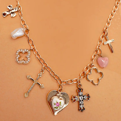 Charm Necklace-Clover Cross Porcelain Flower
