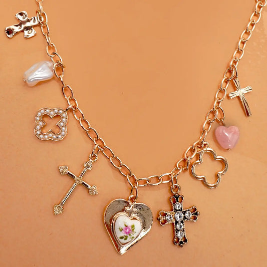 Charm Necklace-Clover Cross Porcelain Flower