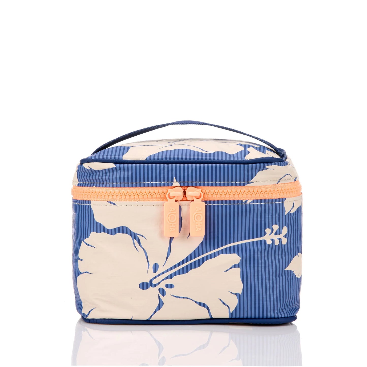Blue floral-patterned cooler bag with a pink zipper on a white background