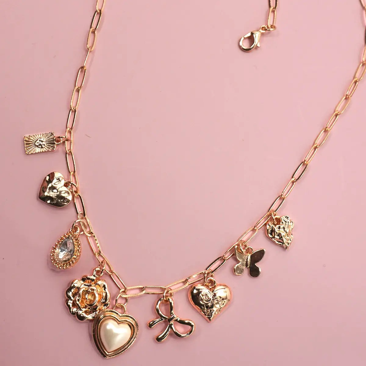 Charm Necklace-Bow Heart Rhinestone Flower