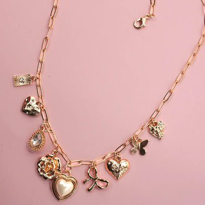 Charm Necklace-Bow Heart Rhinestone Flower