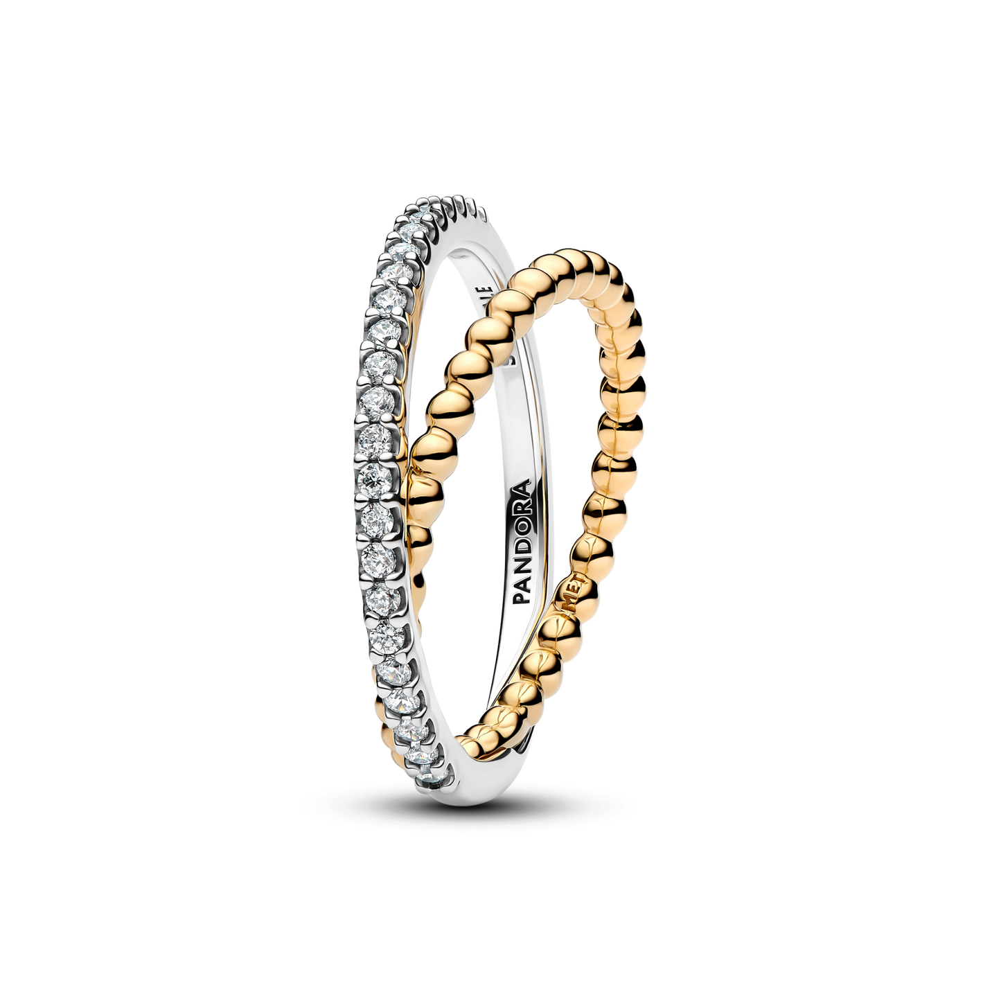 Two Pandora rings shown on a clean white background: one with a row of clear stones and one with a textured gold beaded band, both overlapping to show the inner Pandora branding.