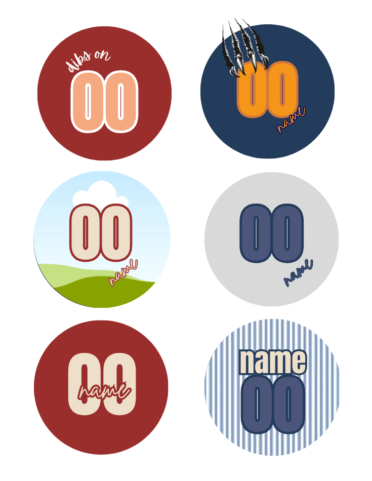 Six circular sticker designs arranged in a 2x3 grid on a white background, each with a different graphic background and the large text '00' in the center, plus smaller placeholder text such as 'name', 'city', and 'state'.