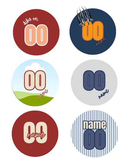 Six circular sticker designs arranged in a 2x3 grid on a white background, each with a different graphic background and the large text '00' in the center, plus smaller placeholder text such as 'name', 'city', and 'state'.