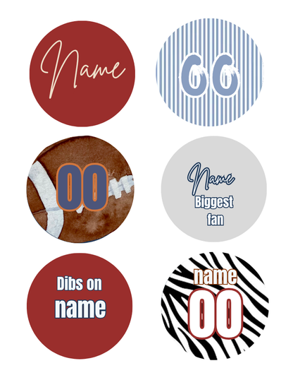 Six circular custom name decals or stickers shown on a white background, featuring football-themed and solid color options with placeholder text like 'Name', '00', 'Biggest fan', and 'Dibs on name'.