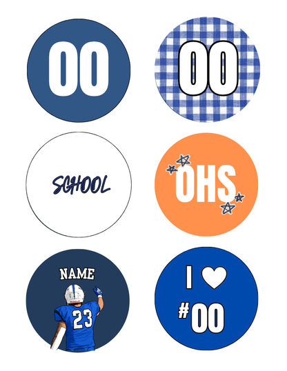 Six circular custom decal or sticker designs arranged in a 2x3 grid on a white background. Designs include navy blue with white '00', blue-and-white gingham with '00', white with 'SCHOOL', orange with 'OHS' and stars, a navy blue football player with 'NAME' above, and blue with 'I ❤️ #00'.
