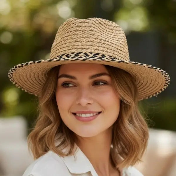 Woman wearing a straw hat with a blurred natural background