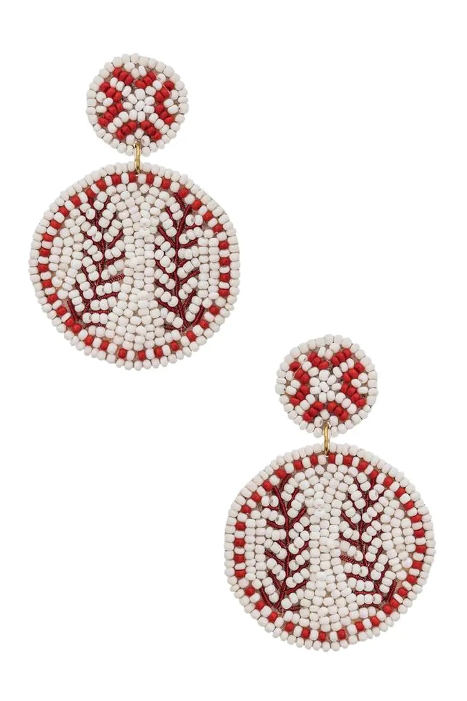 Pair of beaded earrings with red and white pattern on a white background