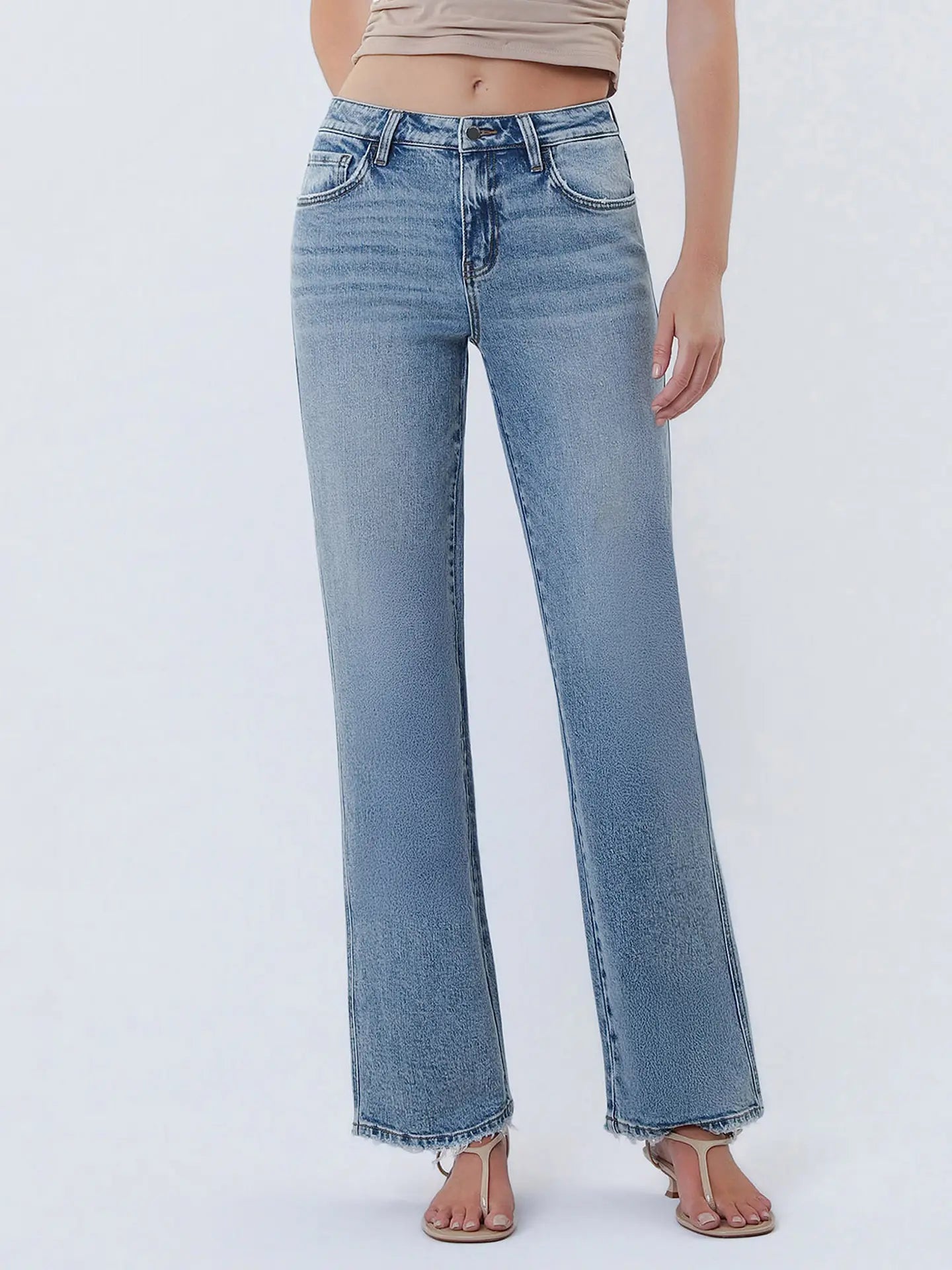 Mid Rise Medium Wash Slim Wide Jeans