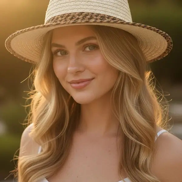 Woman wearing a straw hat with a blurred natural background