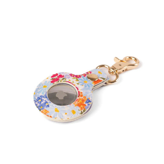 Floral patterned keychain with a metallic clasp on a white background