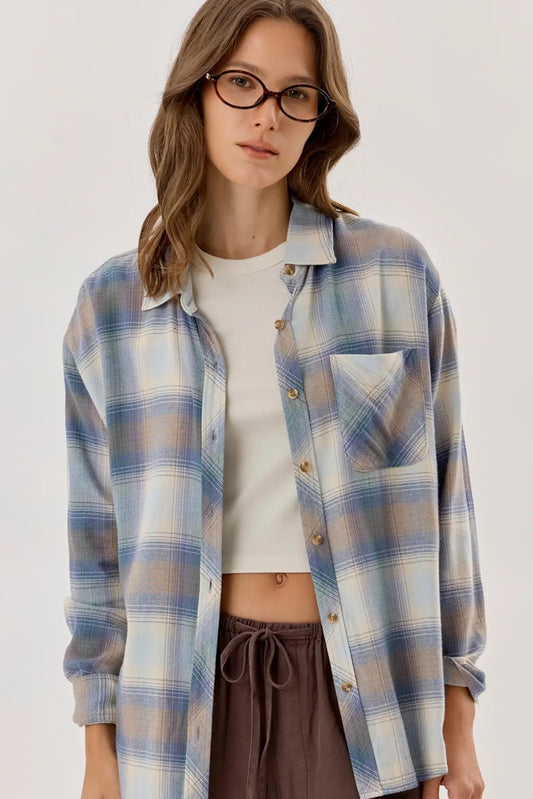woman in button down shirt 