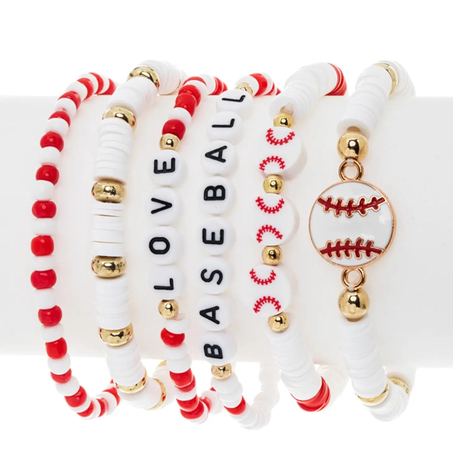 Set of baseball-themed bracelets with red, white, and gold colors on a white background