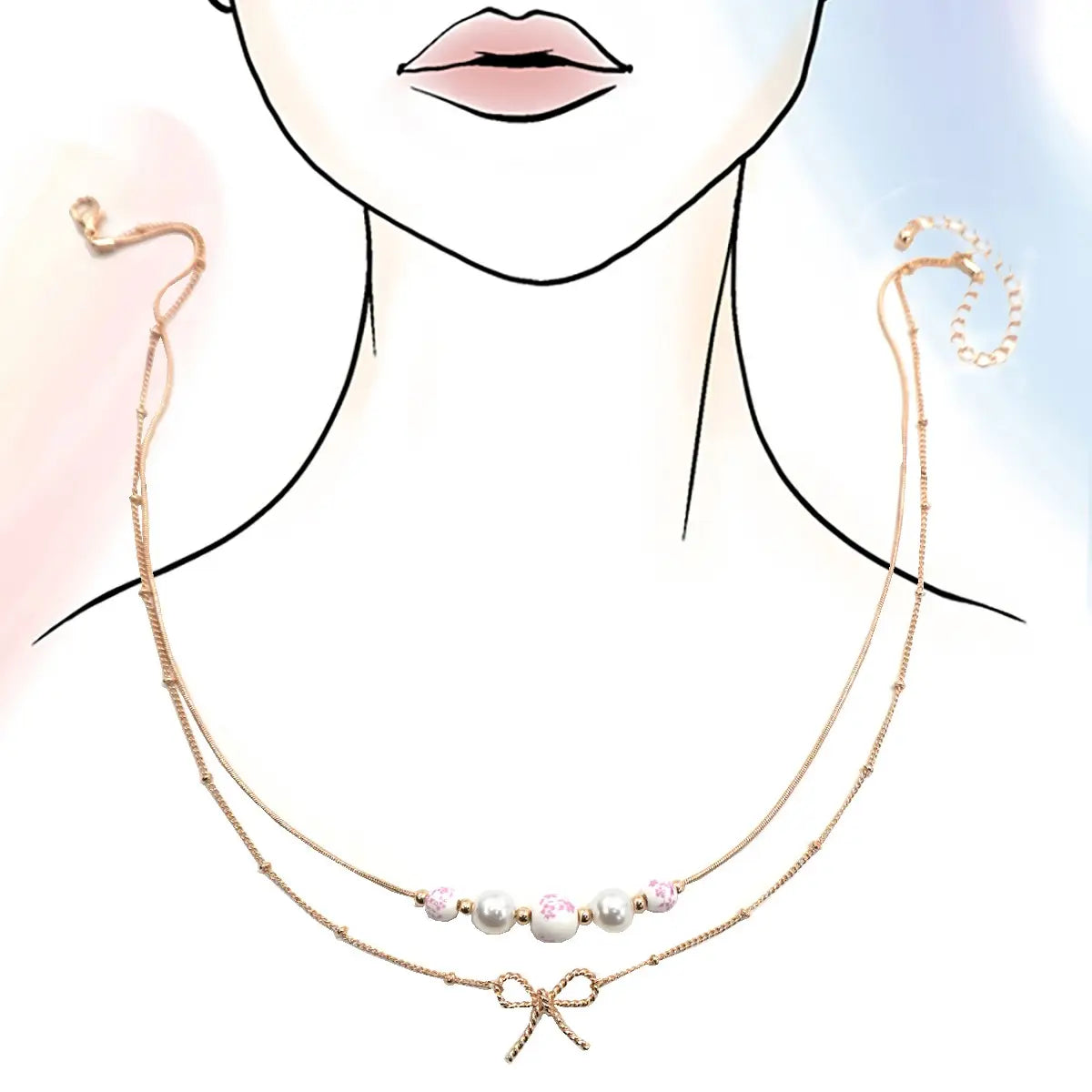 Pink Ceramic Porcelain Pearl Bow Layer Necklace