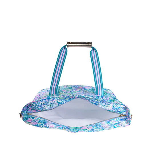 Floral-patterned handbag with a striped handle on a white background