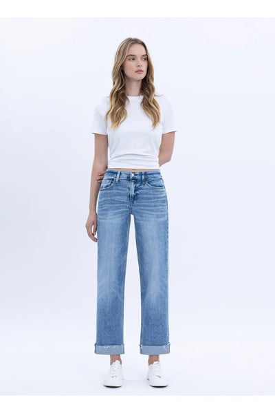 High Rise Cuffed Crop Straight Jeans