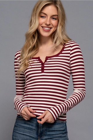 Henley Neck Stripe Brushed Rib Top