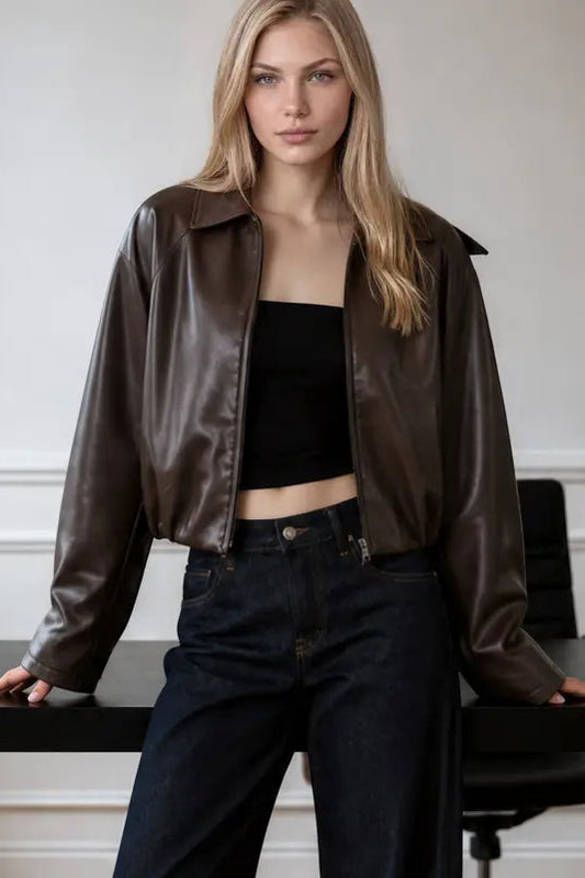 woman in leather jacket