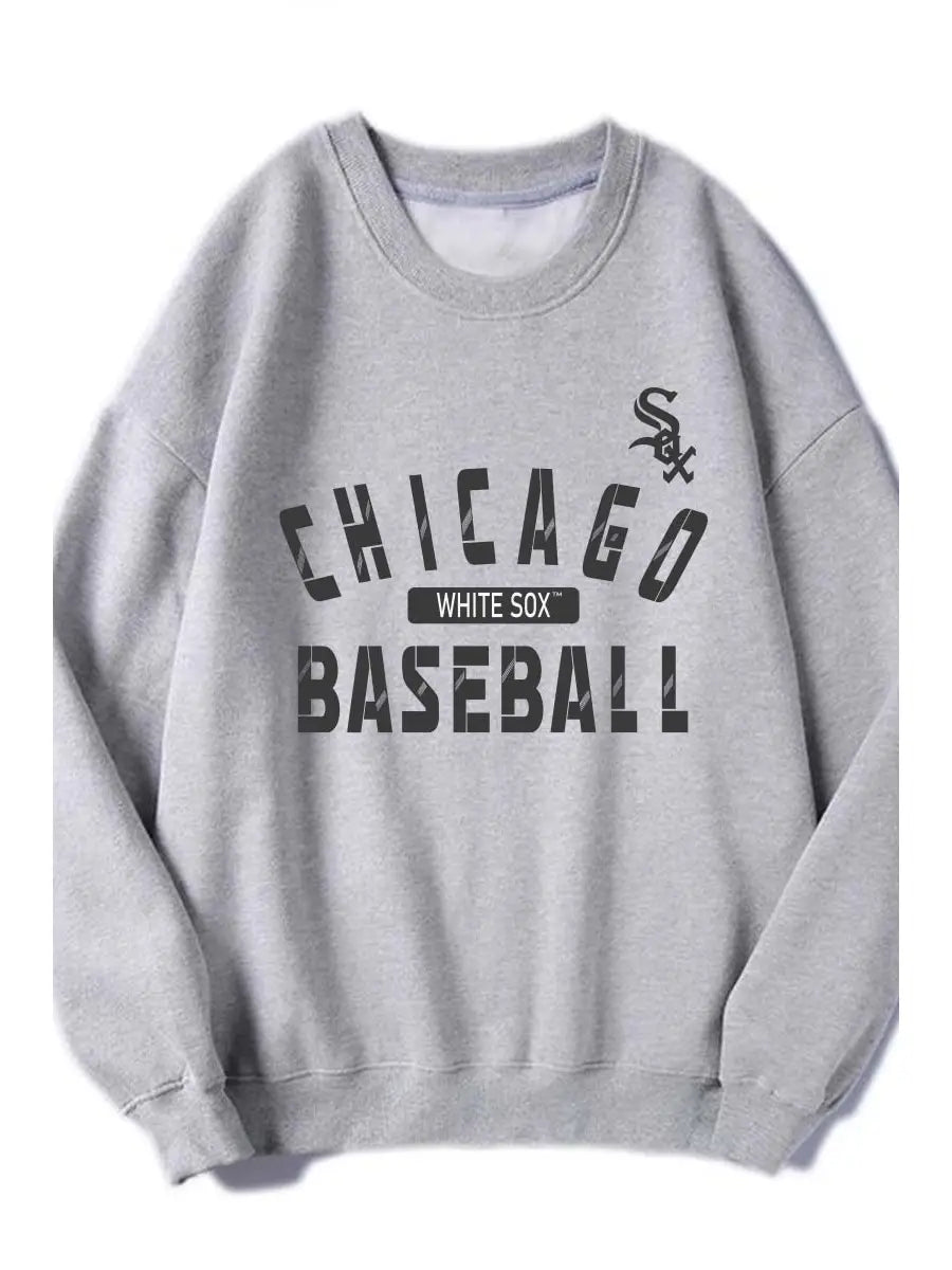 Gray sweatshirt with 'Chicago White Sox Baseball' text on a white background